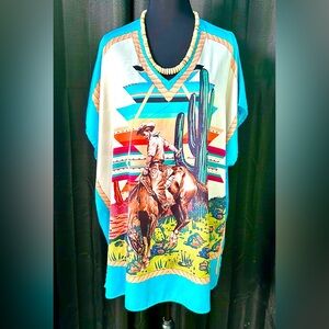 NWT Turquoise/Beige Southwestern Caftan w/ Cowboy Scene, Sizes S/M & L/XL